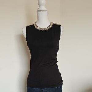 WHBM Elegant Black Sleeveless Top with Embellished Neckline